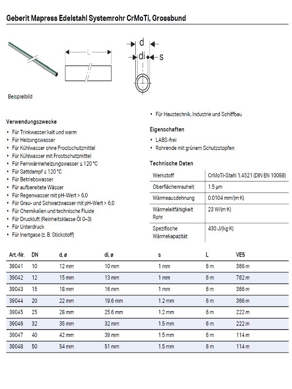 Geberit Mapress Edelstahlrohr PressfittingLeitungsrohr Edelst.NIfre